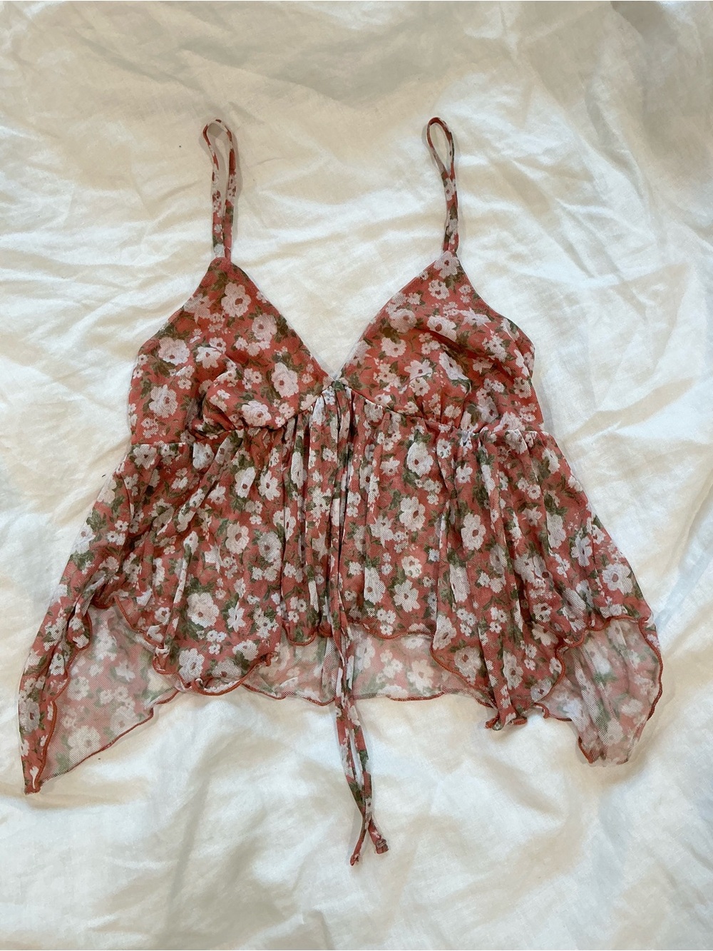 Full Tilt Coral Floral Tie-Front Ruffle Cami